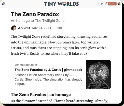 Mock Substack post by J. Curtis with the gimmebook link card for The Zeno Paradox