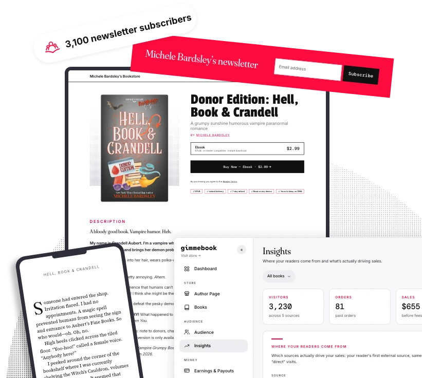 Michele Bardsley’s gimmebook bookstore with her newsletter signup, a book open on a phone, and the Insights dashboard