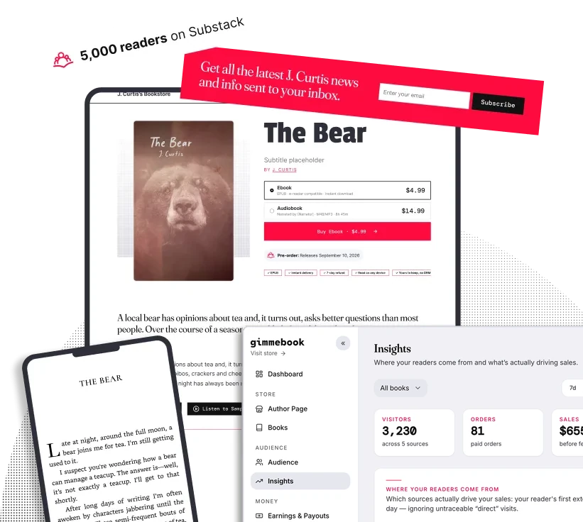 gimmebook bookstore interface shown on desktop and mobile