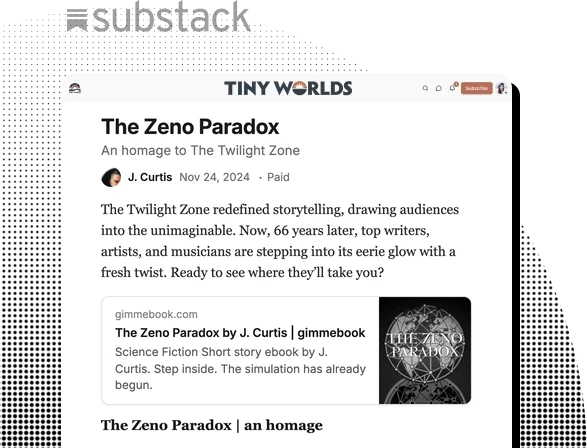 Mock Substack post by J. Curtis with the gimmebook link card for The Zeno Paradox